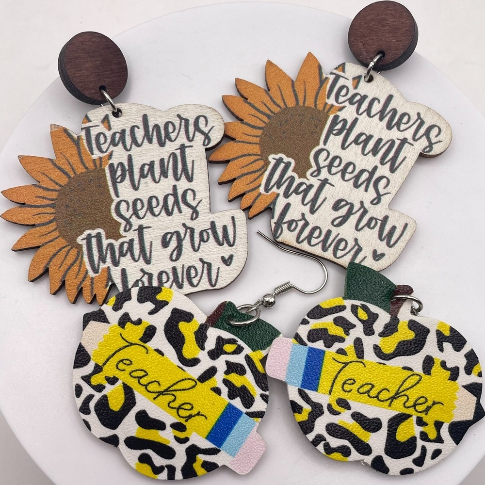 Teacher Appreciation Earring Set 2 Pairs Wood Sunflower Leather Leopard Apple